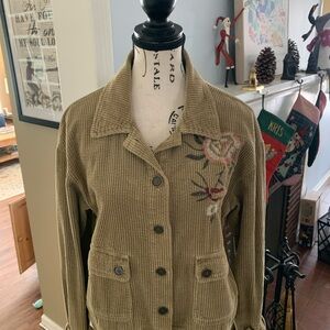 XCVI Olive Corduroy Utility Jacket with Floral Embroidery